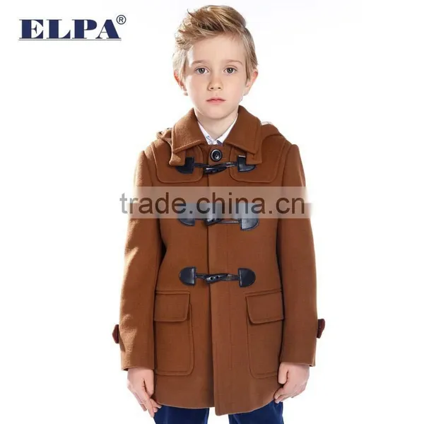 ELPA Tan Wool Long Slim Fit Winter Overcoat With Removable Cap for Boy