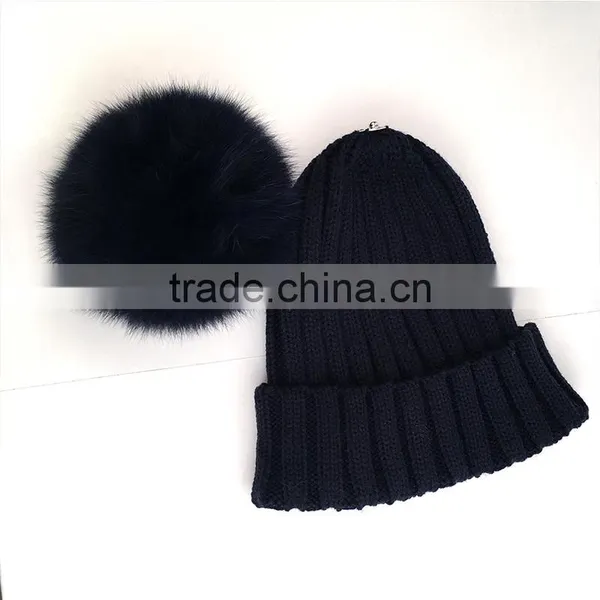 Myfur Navy Color Adult Wholesale Knit Hat With Dyed Fox Fur Ball photo-3
