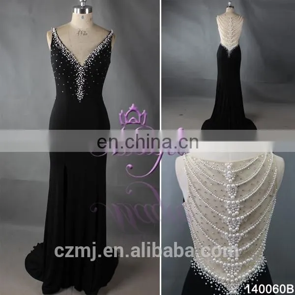 2016 Black Bead V Neck Side Split Sexu Back Open Evening Dress