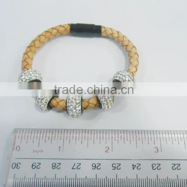 Stainless Steel Leather Bracelet With Crystal Charm photo-3