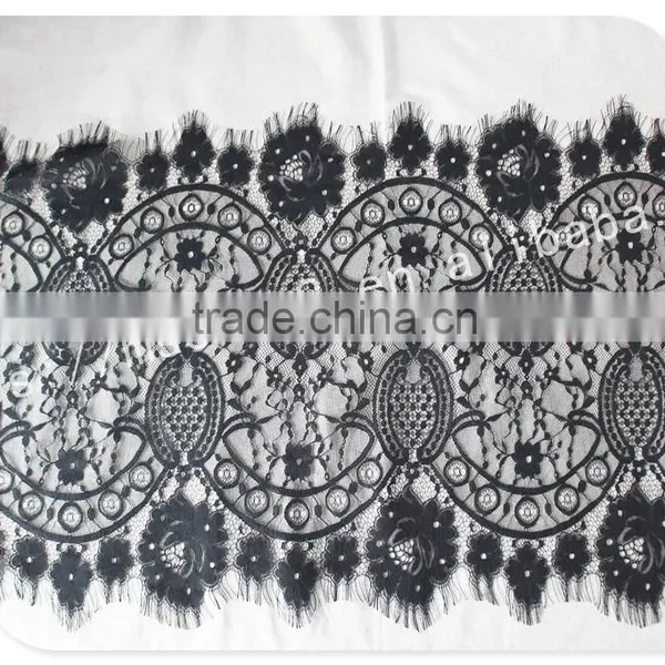 Good Price 44cm Width Polyester Floral Eyelash Black Lace Trim for Sale photo-2