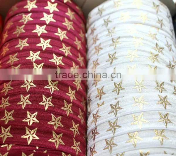 5/8" Fold Over Elastic Red With Gold Stars - Pattern, Metallic, Printed Elastic Band photo-3