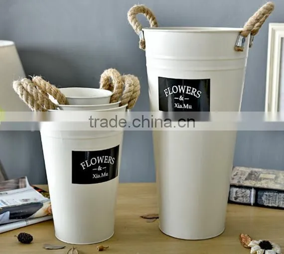 Rustic Metal Galvanized Flower Plant Pot With Hemp Rope Handles photo-3
