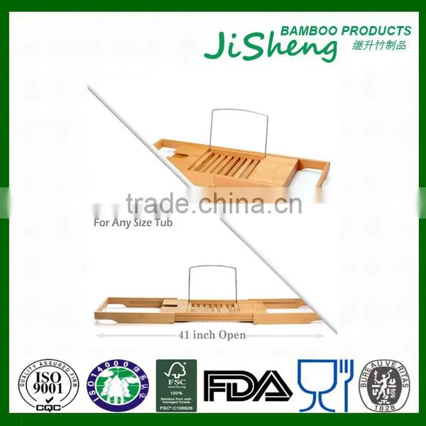 100% Bamboo Bathtub Caddy With Extendable Sides, Cellphone Tray & Integrated Wine Glass Holder photo-5