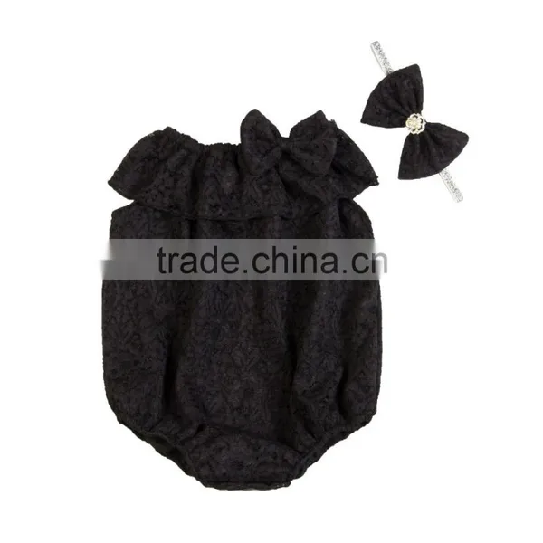 Summer Hot Sale Bouqitue Baby Clothing High Quality Rompers Baby Girl Plain Color Lace Rompers With Headband photo-6