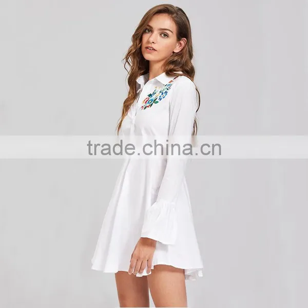 Women Flower Emboriedered Long Sleeve Clothing, White High Waist Shirt Dress photo-3