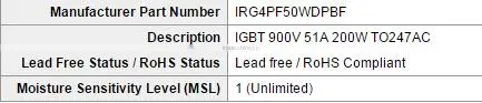 Insulated Gate Bipolar Translator IRG4PF50WDPBF IGBT 900V Warp 20-100kHz 51A 200W TO247AC photo-2