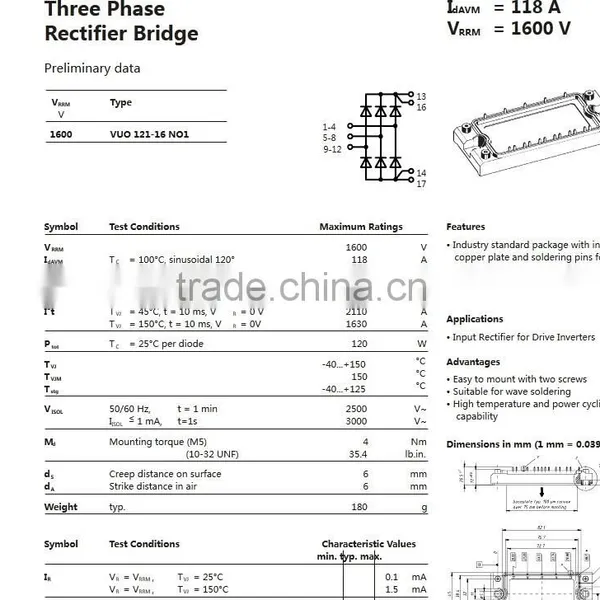 Quality Guarantee Three Phase Bridge Rectifier Module MVUO121-16NO1 photo-3