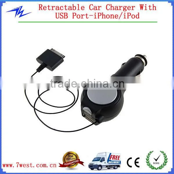 Promotional USB Car Charger With Retractable Cable for IPhone/iPod