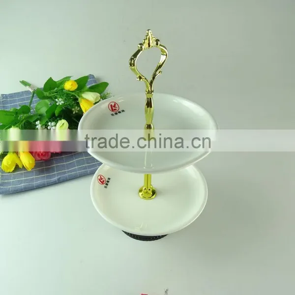 Wholesale Stocked Porcelain Two Layers Cake Stand for Food, Porcelain Fruit Plate With Gold Line,wedding Cake Use photo-2