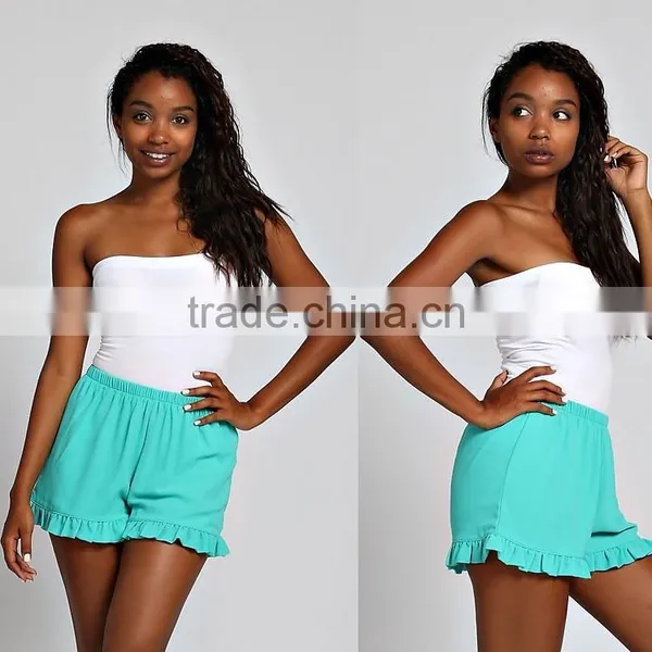 2017 Fashion Women's Clothing 100% POLYESTER RUFFLE HEM SOLID CHIFFON SHORTS Women For Summer