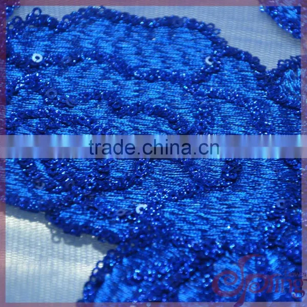 2016 Blue Lace Guipure Glitter Fabric for Evening Fancy Dress With Organza Lace With Sequins photo-3