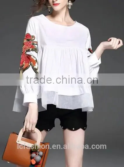 2017 Summer Newest Fashion Round Neck Long Sleeve Blouse With Patch on Sleeve photo-2