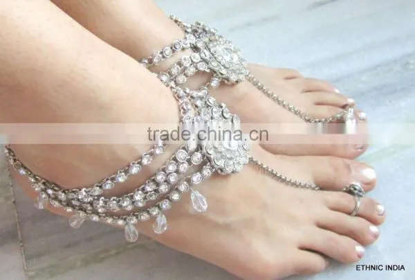 PAYAL Anklets Pair CRYSTAL SILVER TONE WITH TOE RING , BAREFOOT SANDAL photo-2