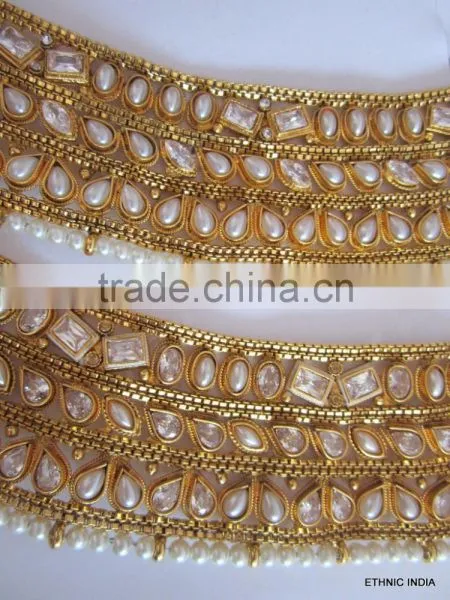 Designer PEARL Polki Payal ANKLETS Pair Feet Bracelet Gold Plated photo-3