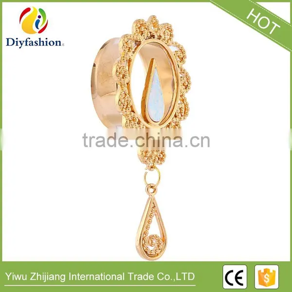 Gold Copper Opal Hollowed-out Flower Long Ear Plug photo-4