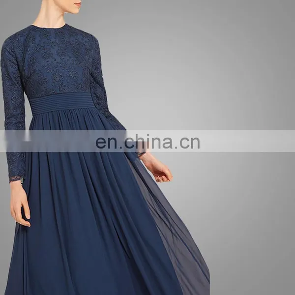 China OEM Service Muslim Women Prom Maxi Dress Navy Blue Elegant Islamic Chiffon Abaya photo-2