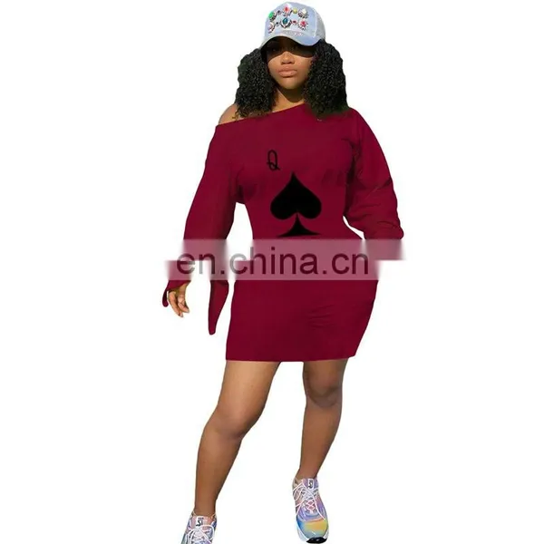 Long Sleeve Dresses Women Fashion 2021 Poker Print One Shoulder Solid Mini Woman Dress Casual Streetwear Plus Size Vestidos photo-5
