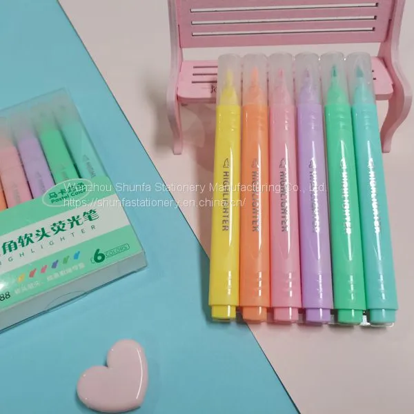 Factory Price 6 Color Pastel Color Fluorescent Soft Fiber Tip Highlighter Triangle Shape Barrel Marker Watercolor Pen photo-2