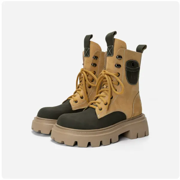 Unrestrained and unrestrained leather high cut patchwork work boots for women in autumn and winter, thick soled, trendy and cool Martin boots