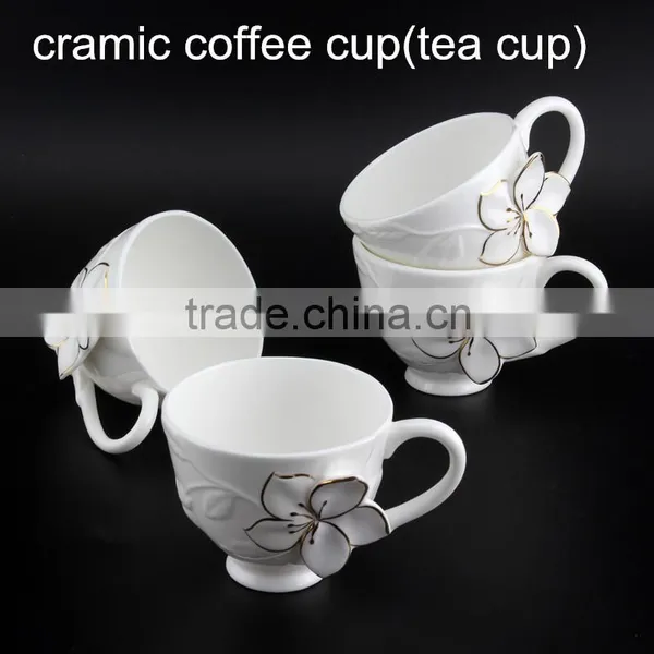 Elegant Embossed Gold Rim Flower Ceramic Tea Cup 200cc Round Shape Bone China Coffee Cup photo-2