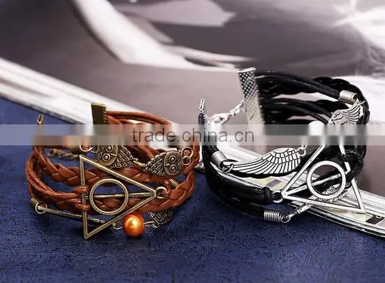 New Fashion Owl Deathly Hallows Angel Wing Leather Bracelet DIY photo-6