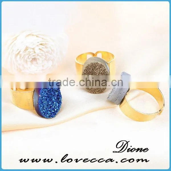 Wholesale Druzy Quartz Ring Blue Natural Druzy Agate Stone Round 10mm Gold photo-2