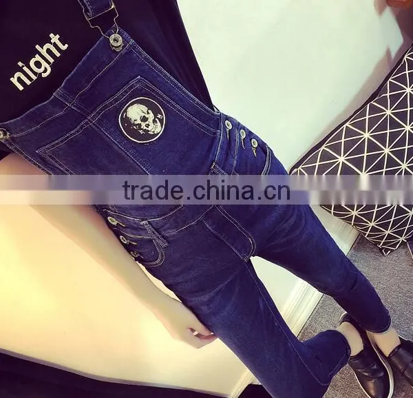 Spring Dark Blue Overalls Siamese Slim Influx of Female Feet Hole Jeans Pants Collapse Was Thin Pants Suspenders photo-5