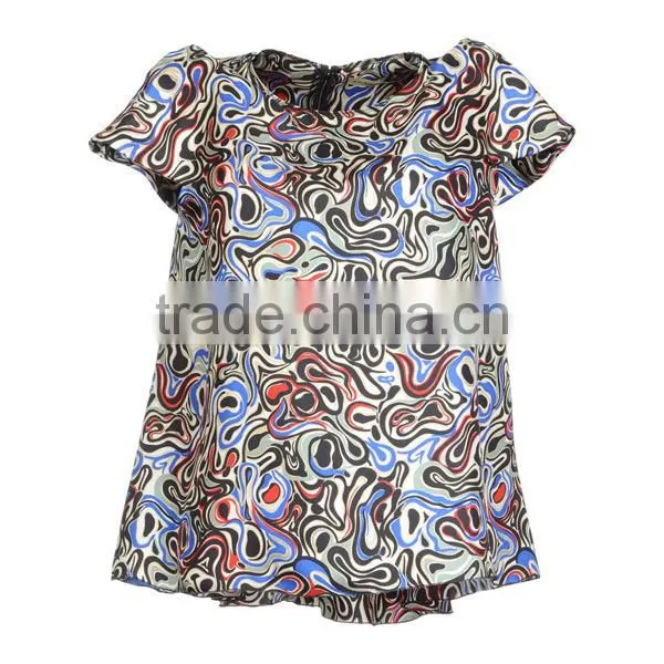 2015 Fashion Polyester Short Sleeves Print Graceful Direct Manufacturer High Quality Mandarin Collar Blouse photo-2