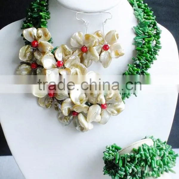 Free Shipping!!! Beauty Design for Bride With Green Coral and Shell Flower Necklace Earrings and Bracelet photo-2