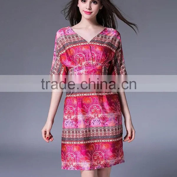 Women Short Sleeve V Neck National Printed Satin Mini Dress Ladies Loose Vintage Design Of Dress photo-4