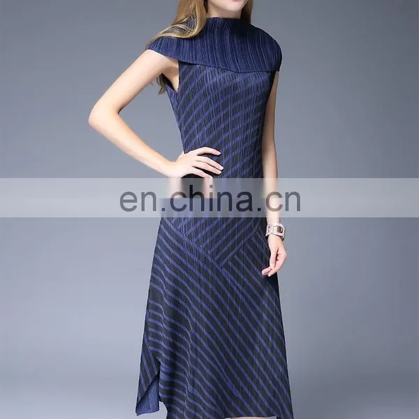 2016 High Quality Clothes High Collar Sleeveless Black and Blue Stripe Evening Dress With Cappa Design