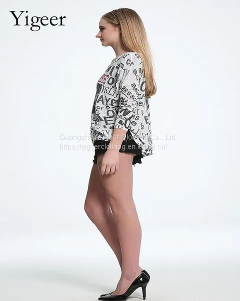 Long Sleeve Printed Word Round Neck Knitted Top Shirt photo-2