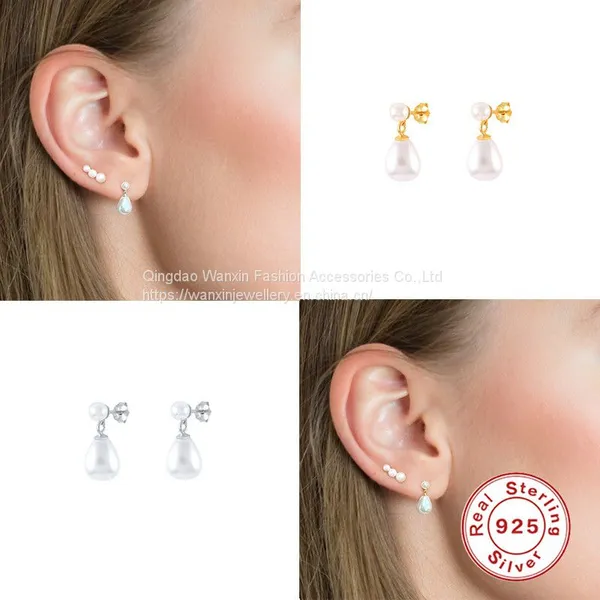 S925 Sterling Silver Flower Pearl Earrings Studs With Diamond photo-4