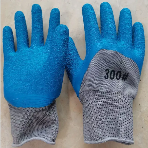 Grey Polyester Thread 13 Gauge Knitted Wrinkled Blue Latex Palm Coated Safety Work Gloves