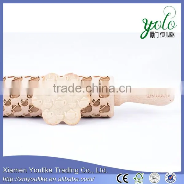 Eco-friendly Bamboo Rolling Pin With Engraved Tea Pot Pattern photo-2