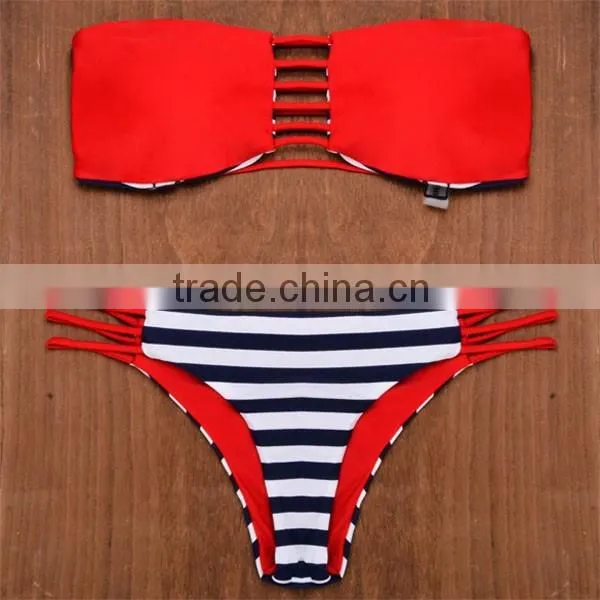 Navy Blue and White Striped Popular Brazilian Reversible Bikini photo-2