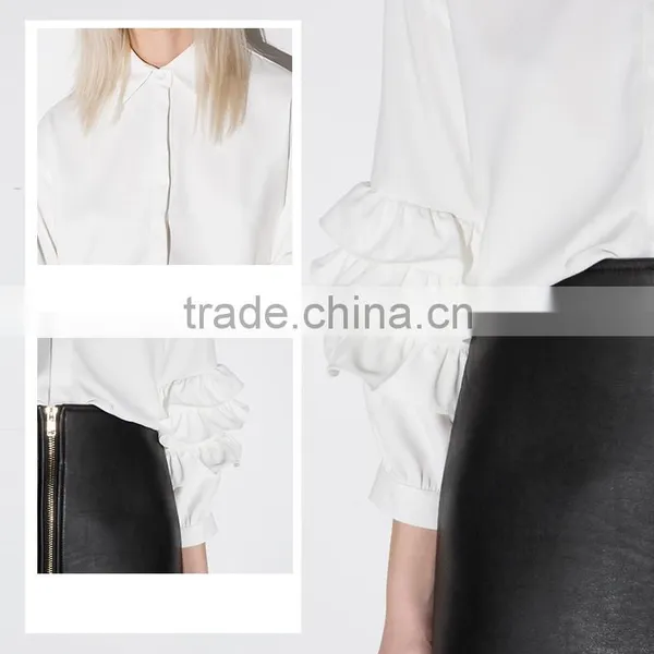 Women's White Stand Collar Roll-up Sleeve Long Blouse photo-5