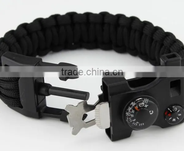 Black multifunctional compass thermometer clasp paracord bracelet