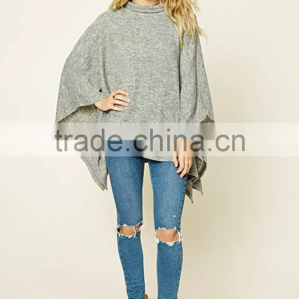 High Quality Custom Comfortable Girls Women Soft Knit Mock High Neck Poncho Pullover Draped Cape Flare Sleeves Blouses Tops photo-2