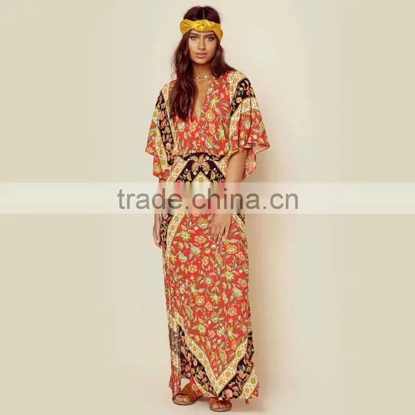 Bat Sleeve Printed Ethnic Clothing Women Kaftan Open Back Design Maxi Dress photo-3