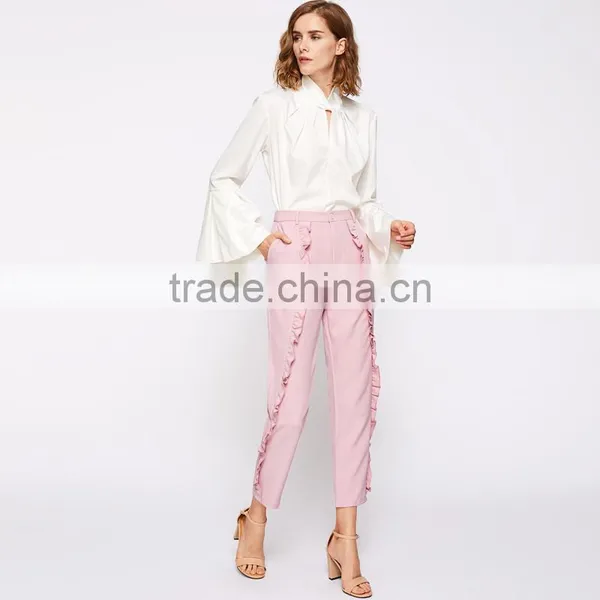 Frilled Women's Tailored Fitted Pants High Waist Pink Cropped Trousers photo-3