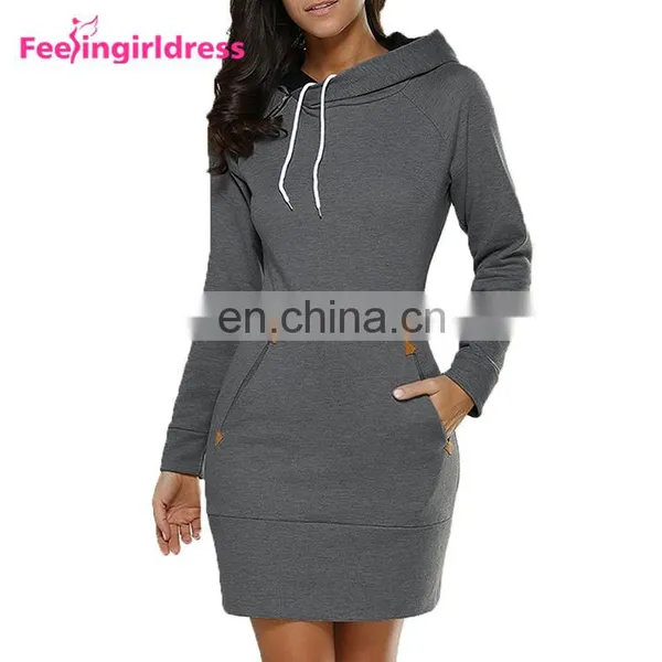 Fashion Plain Long Sleeve Slit Pullover Hoodie Women Winter Dress photo-3