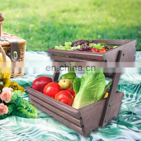 Nature Wood Fruit Basket 2 Tier Fruit Stand Countertop Fruit Holder For Kitchen photo-5