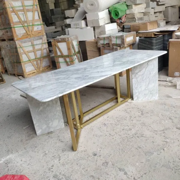 Modern Design Style Rectangular Shape Stone Marble Dining Table Tops Golden Stainless Steel Pedestal Base for Decoration photo-3