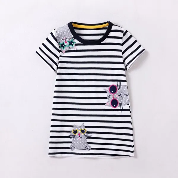Girls’ Cute Cat Appliqué Striped Cotton Dress