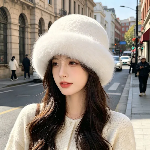 Women Winter Faux Fur Beanie Hat Fluffy Knitted Faux Fox Fur Style Warm Domed Ski Cap Luxury Plush Brim Winter Hats for Ladies photo-2