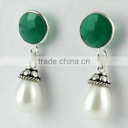Ever Green !! Pearl & Green Onyx 925 Sterling Silver Earring, Gemstone Silver Jewelry, Handmade Silver Jewelry photo-3