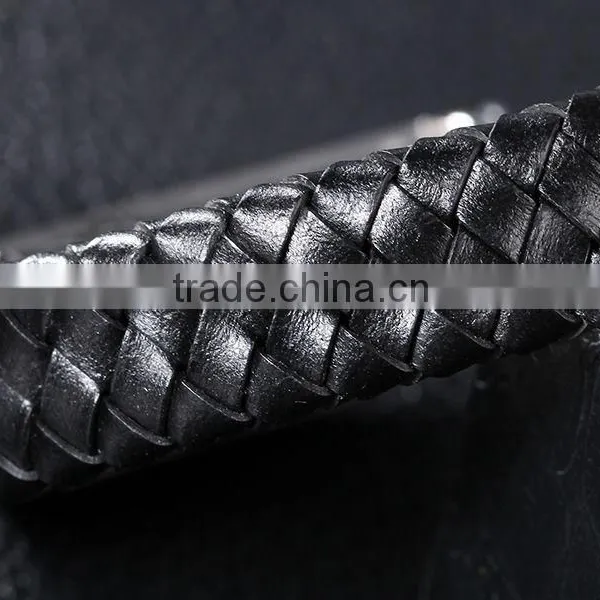 Latest Design Wide Braided Leather Bracelet Men Black Genuine Leather Bangle 316L Stainless Steel Magnetic Clasp photo-5