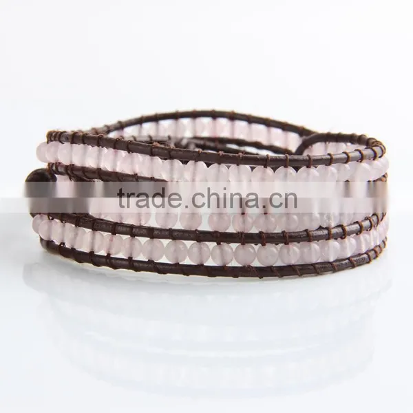 2016 Pink Bracelets Boho Style 4mm Clear Crystal Beaded Bracelets Fine Jewelry On Brown Leather Charm Jewelry photo-2